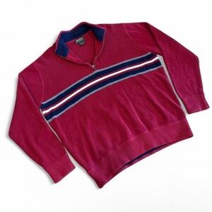 Vintage 90’s Men's Eddie Bauer Red 1/4 zip Sweater with Stripes